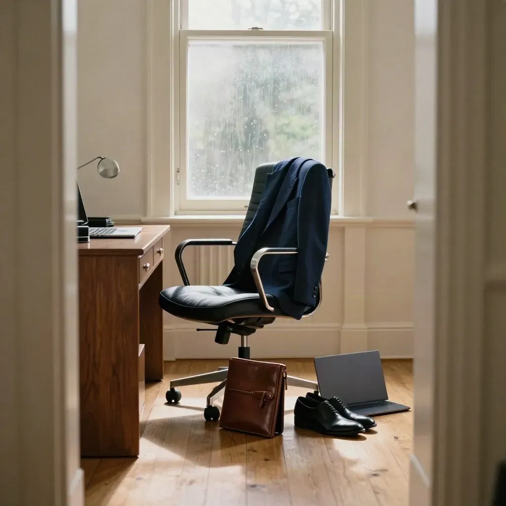 Sedia executive vuota con blazer, portfolio, laptop chiuso e scarpe lucide in un interno caldo.