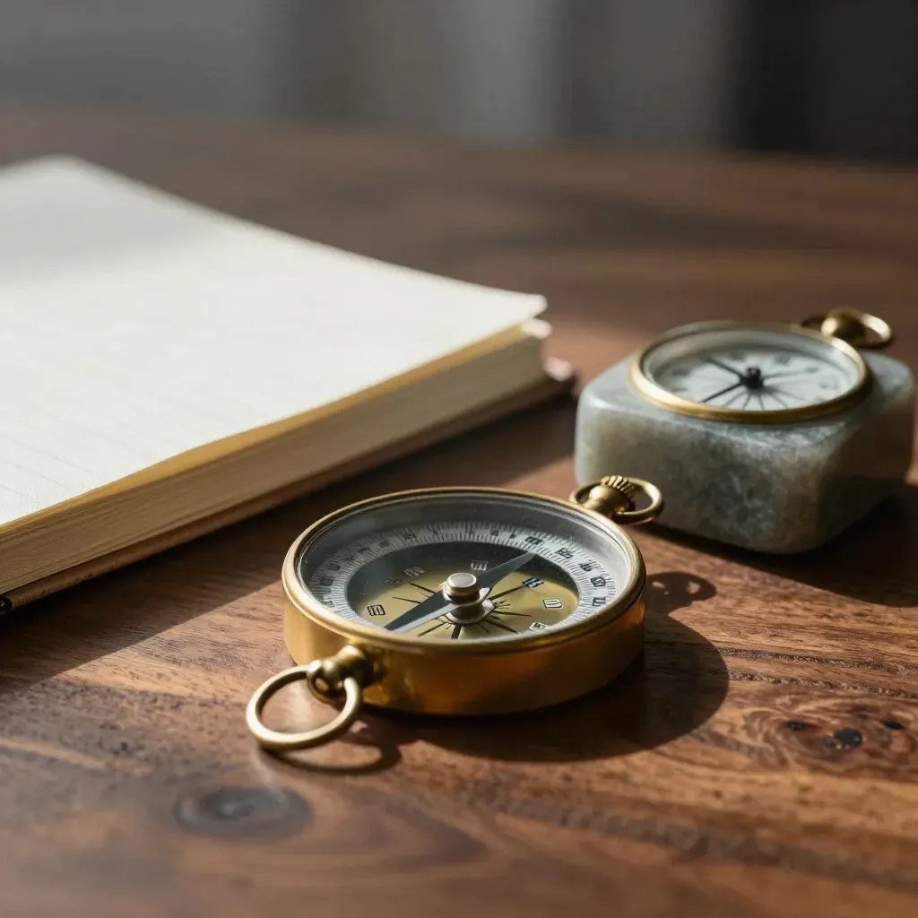 Bussola e orologio su legno scuro, natura morta drammatica per career coaching.