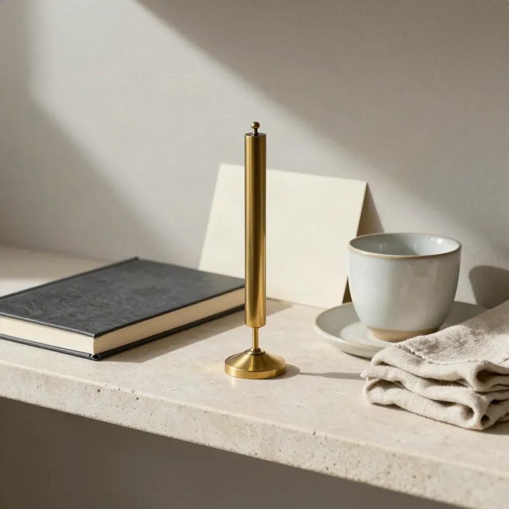 Campanella in ottone, taccuino chiuso e tazza in ceramica su ripiano in pietra, luce morbida.