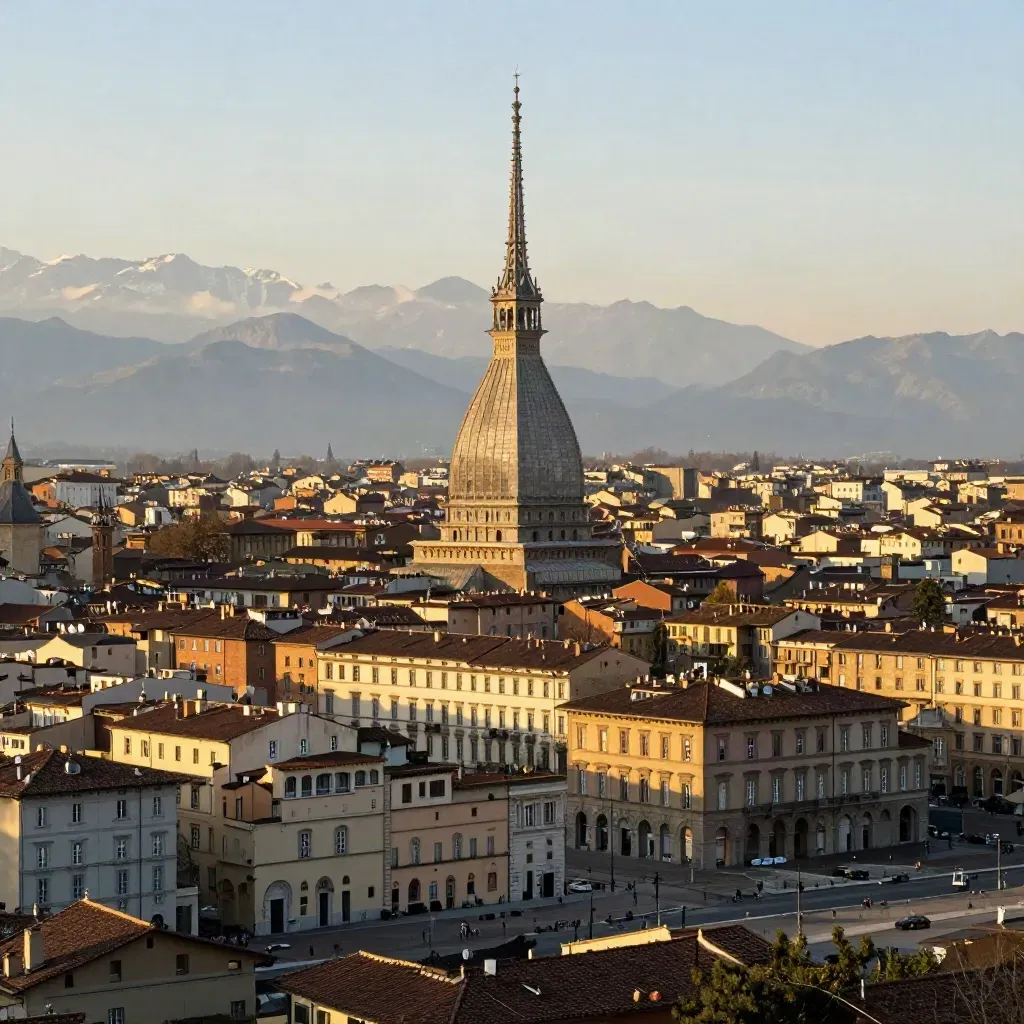 Torino al tramonto con la Mole Antonelliana e le Alpi sullo sfondo