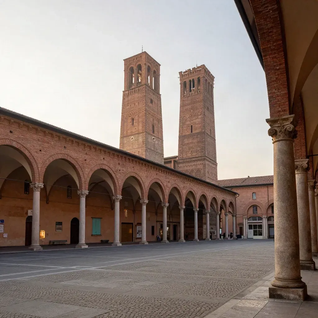 I portici di Bologna e le Due Torri emergono in una piazza di pietra al tramonto.